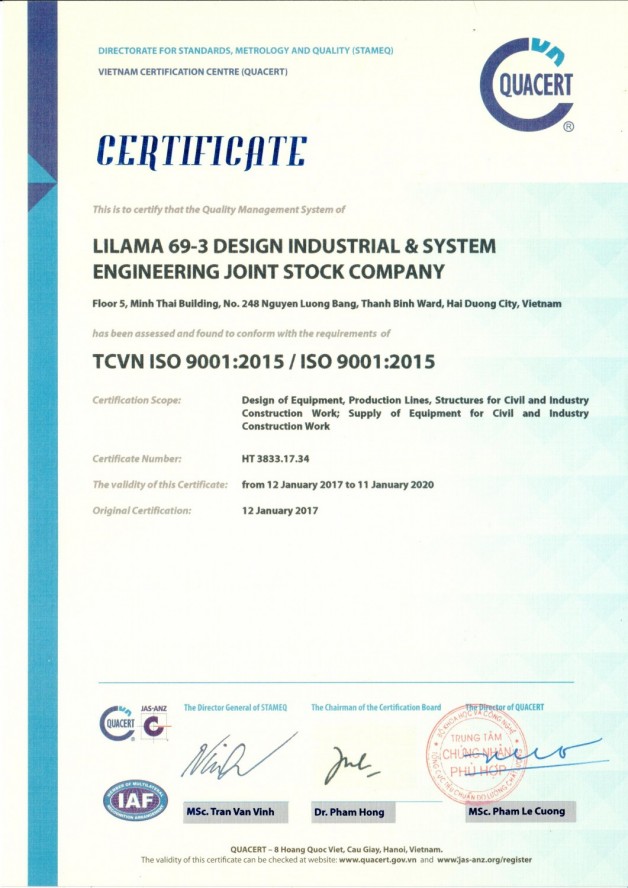 Công ty cổ phần Lilama 693-DSE nhận tiêu chuẩn chất lượng ISO 9001 -2015.